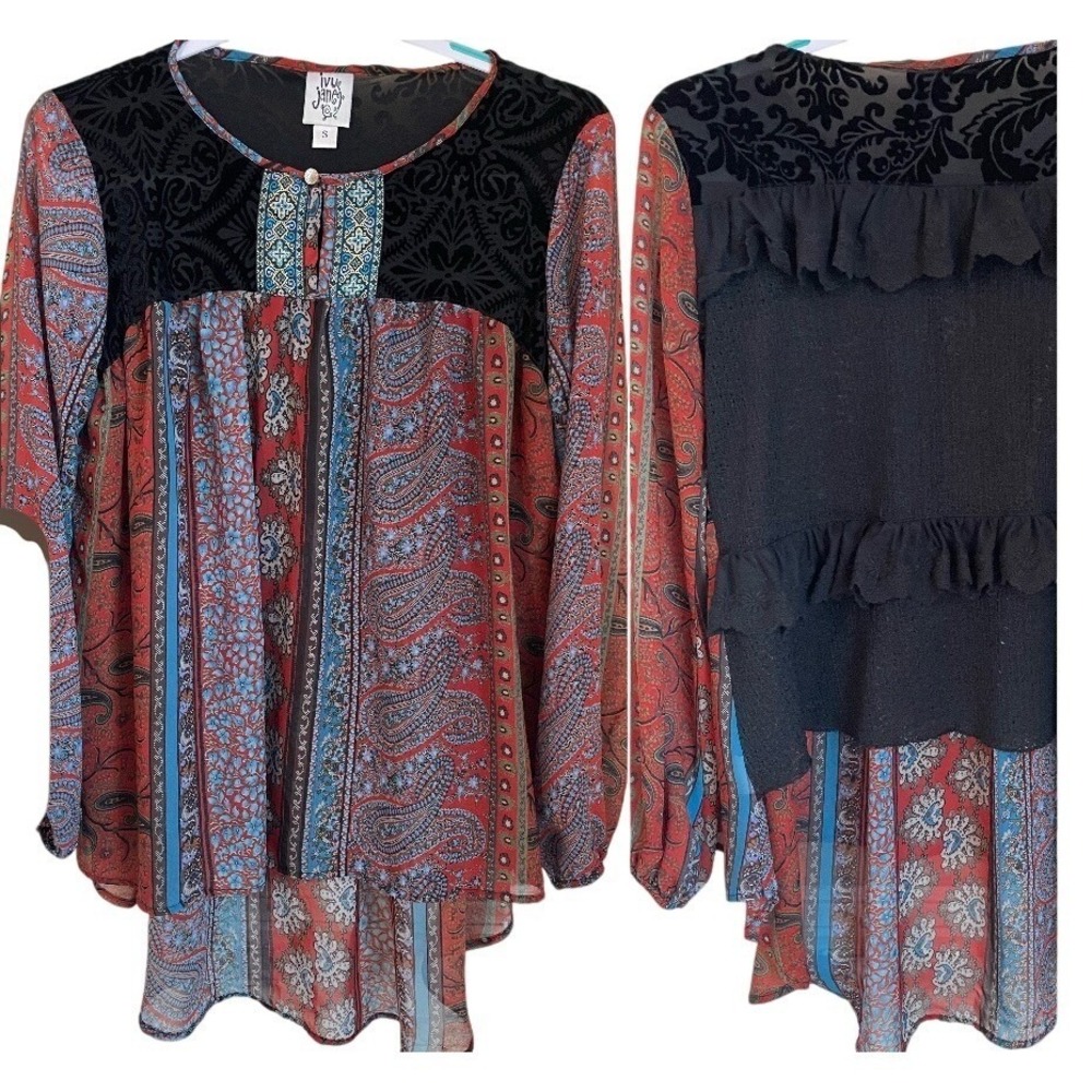 Ivy Jane Size S Boho Mixed Media Velvet Burnout Yoke Ruffle Back Sheer Blouse